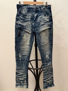 RGSTR Men's Acid Wash Distressed Paint Splatter Moto Biker Slim Jeans [30X31]